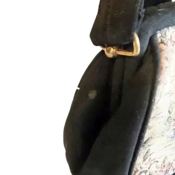 1950s Vintage Small Black Fabric And Tapestrty Scenic Handbag Top Handle Purse - Picture 7 of 8